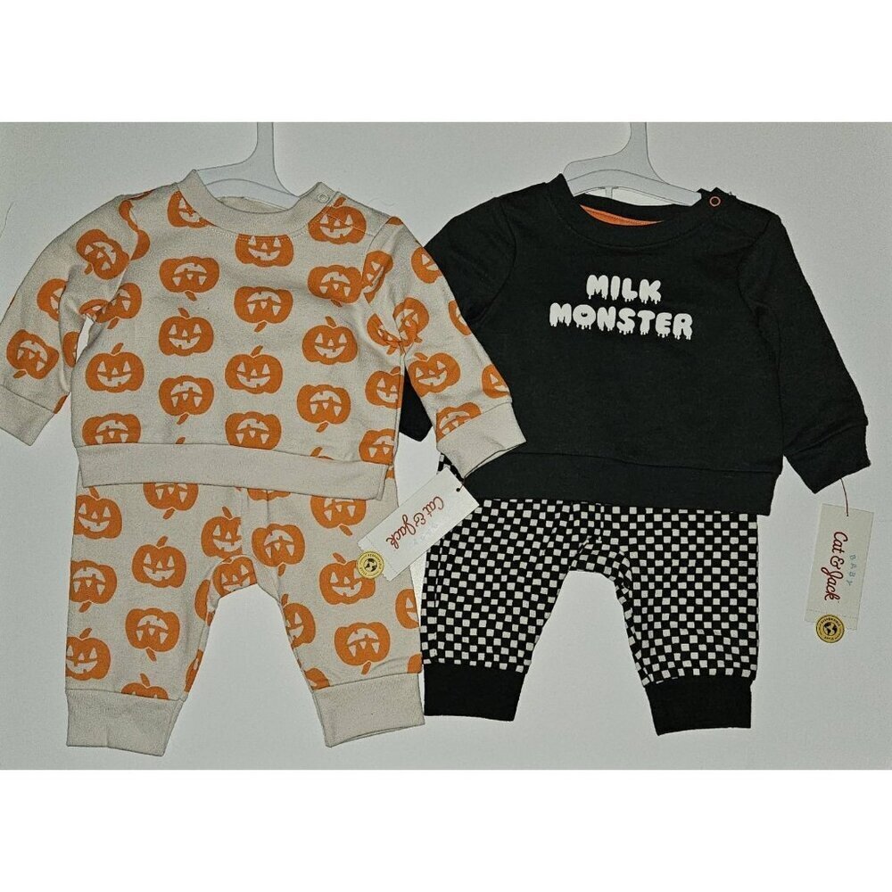 NEW 2 Halloween Outfits Lot Baby 0-3 Months Monster Jack-O Lantern Cat & Jack
